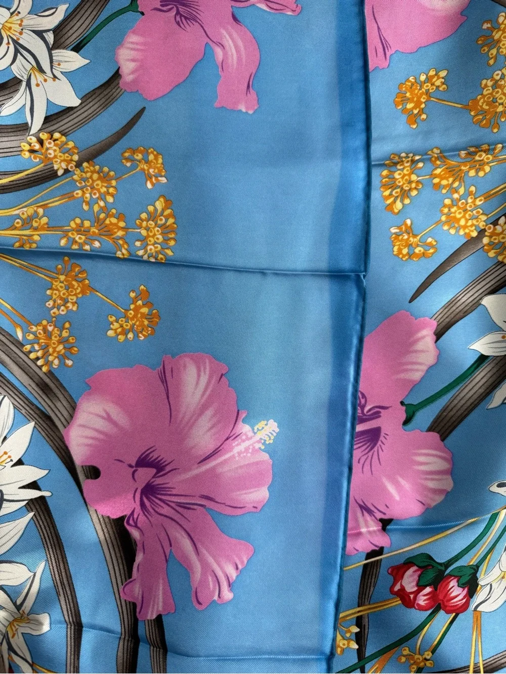 Display #2 Salvatore Ferragamo Blue Floral Silk Scarf with Pink and White Blooms